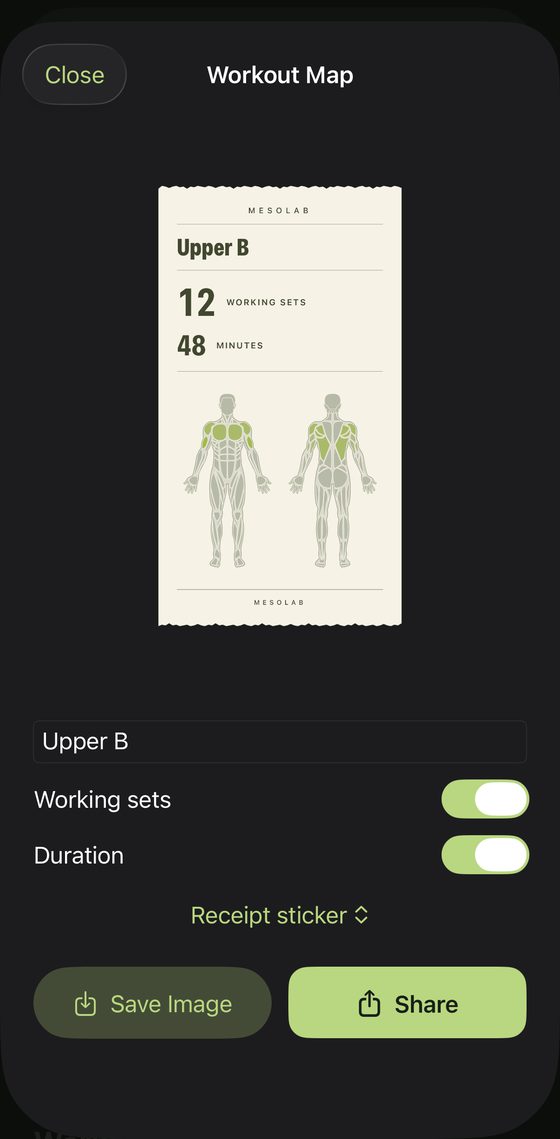 A Workout Map receipt titled Upper B: 12 working sets, 48 minutes, and front and back body diagrams with the trained muscles highlighted.