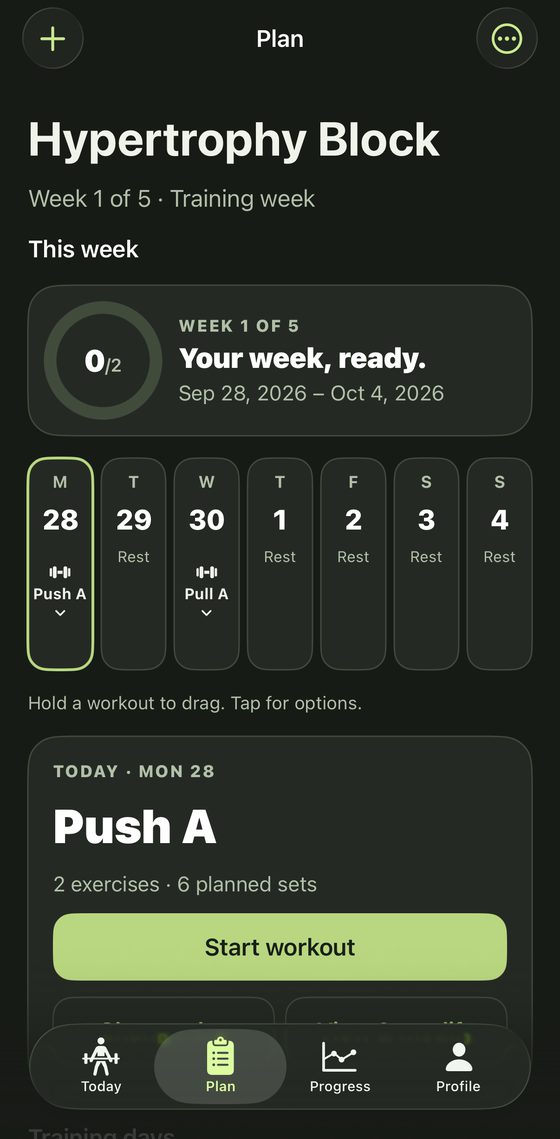 Mesolab's Plan tab for a five-week Hypertrophy Block in week 1, with the week's training days and today's Push A ready to start.